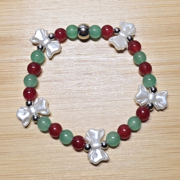 Handmade Christmas Glass Beaded Bracelet Pearls Bows - Picture 2 of 2